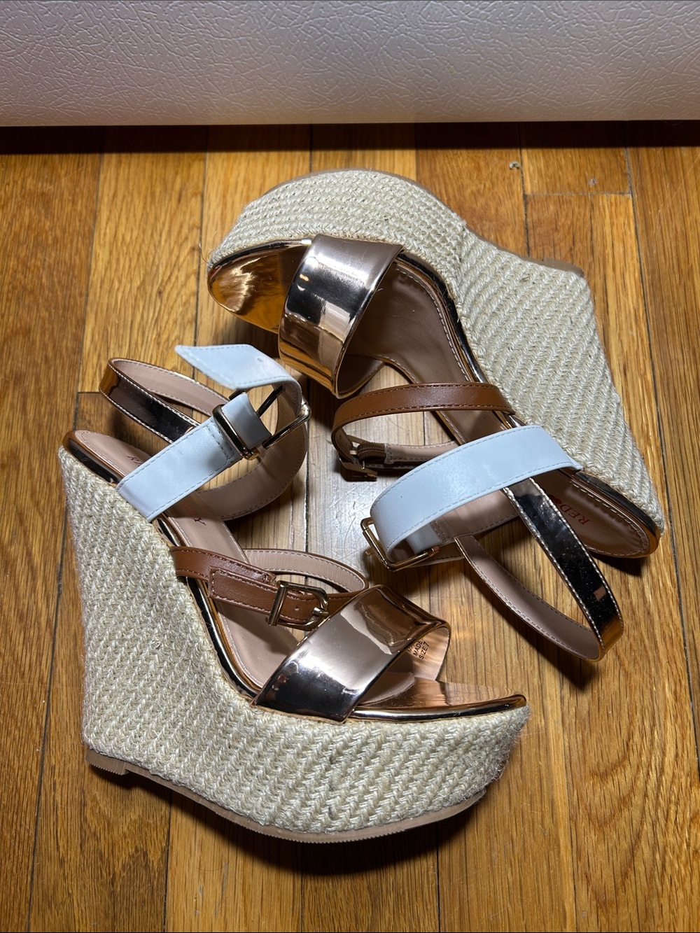 Red Cherry Wedge Espadrille Sandals with Metallic and White Straps
